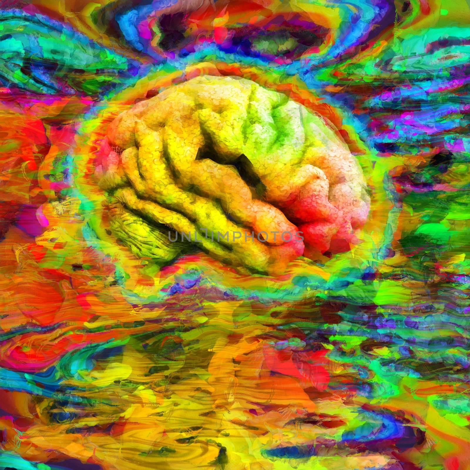 Abstract painting. Humans brain in acid colors. 3D rendering