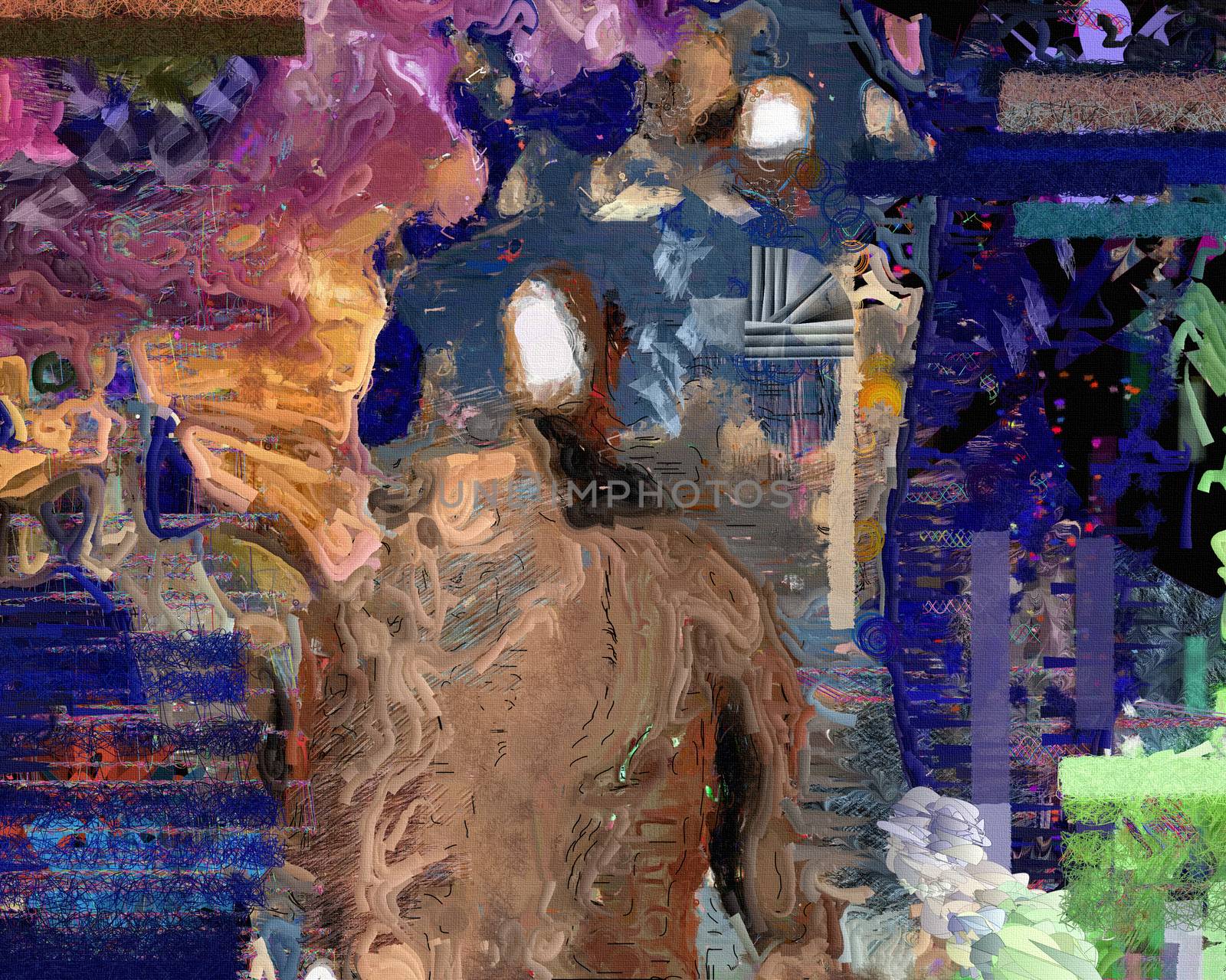 Abstract painting with faceless man. 3D rendering