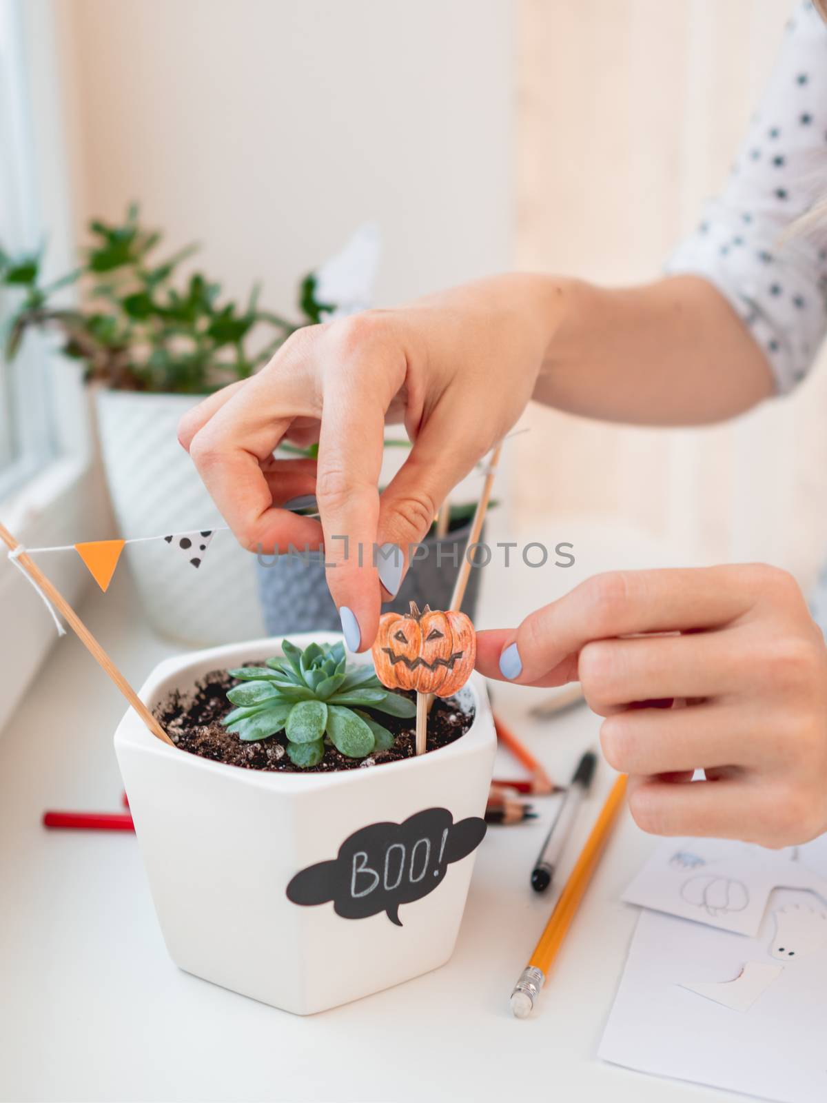 Woman decorates flower pots with handmade stickers for Halloween. Hand drawn pumpkin and flags in flower pot with succulent plant.