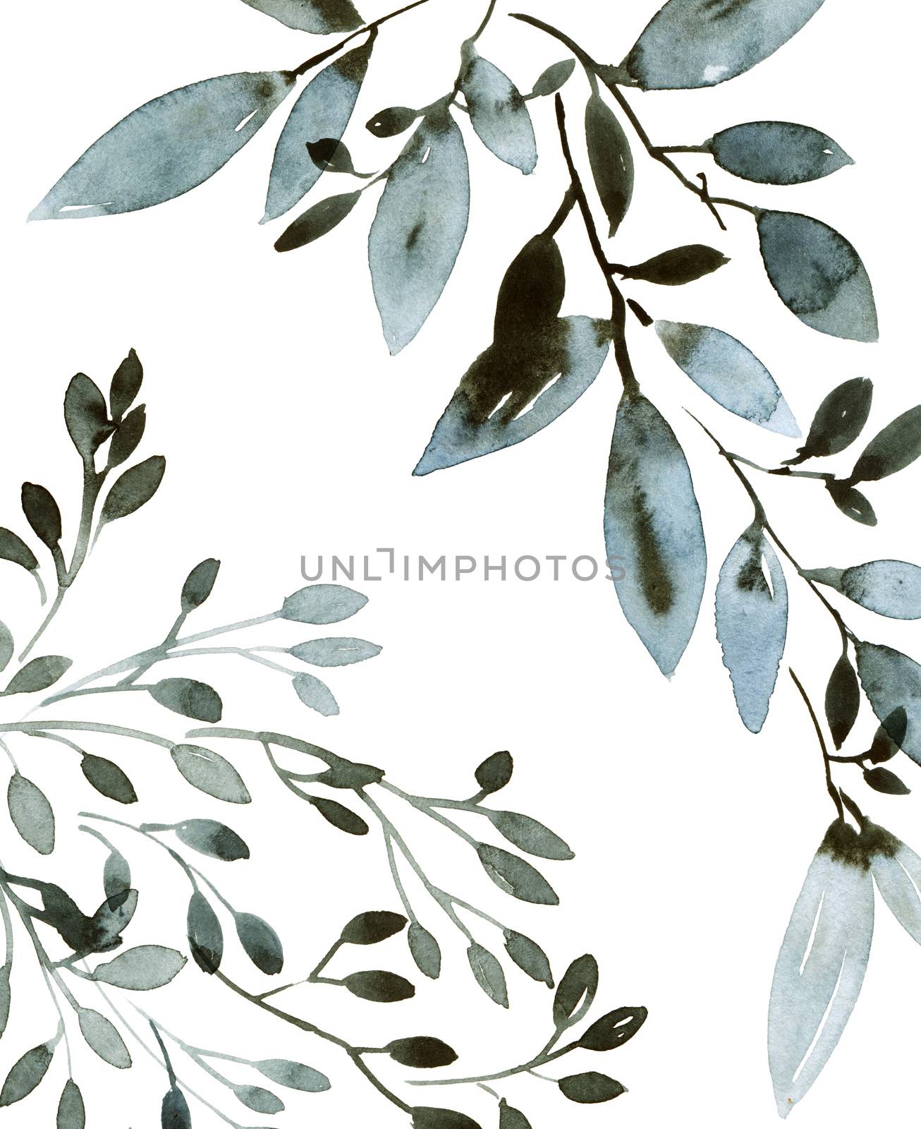 Watercolor and ink illustration of tree leaves in style sumi-e, u-sin. Oriental traditional painting. Background design for invitation, greeting card or cover.