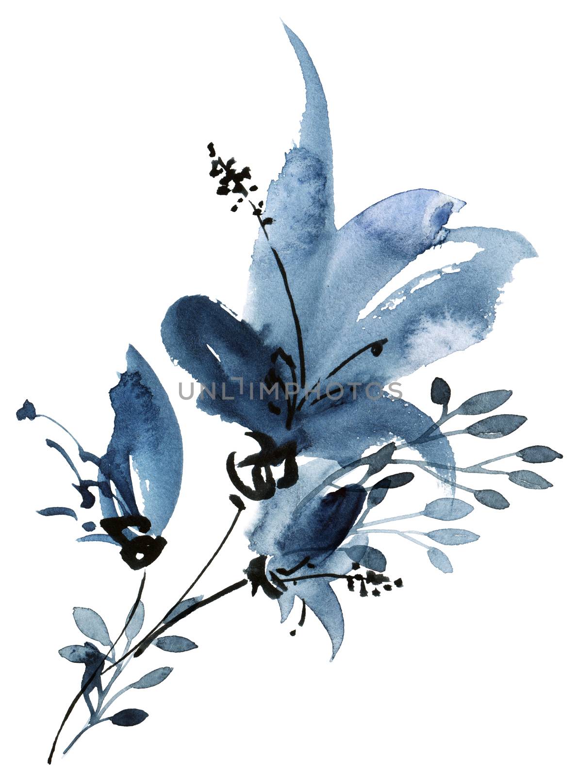 Watercolor and ink illustration of flower with leaves in blue color. Oriental traditional painting in style sumi-e, u-sin and gohua. Design for greeting card, invitayion or cover.