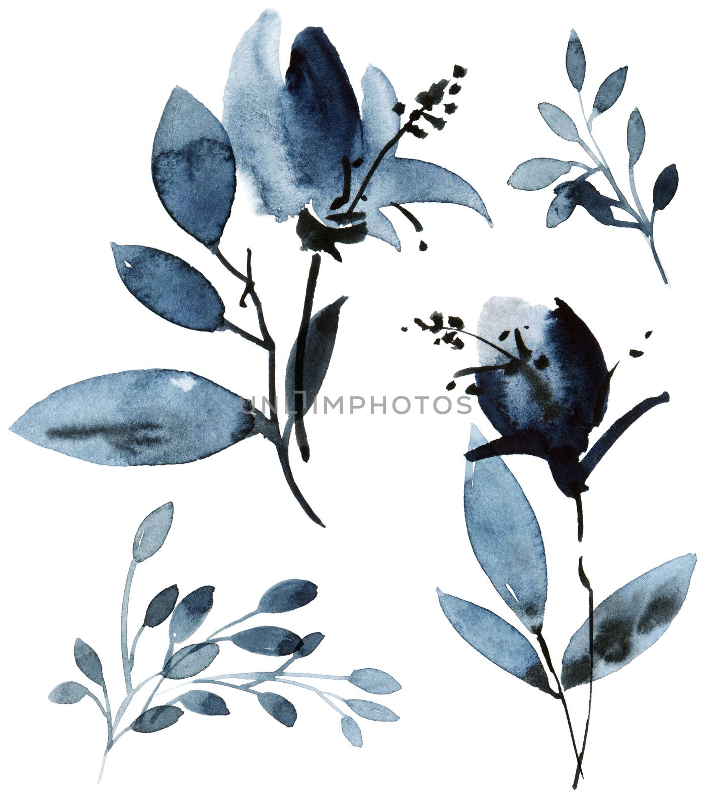Watercolor and ink illustration of flower with leaves in blue color. Oriental traditional painting in style sumi-e, u-sin and gohua. Design for greeting card, invitayion or cover.