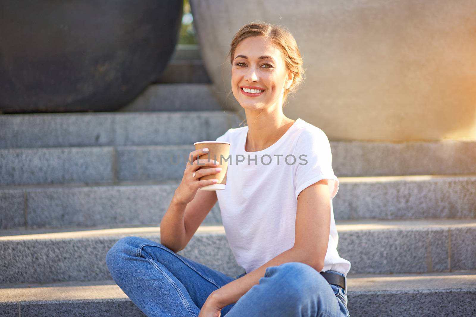 Businesswoman sitting stairs summer park Business persone working remote. Outdoor. Successful Young european caucasian woman
