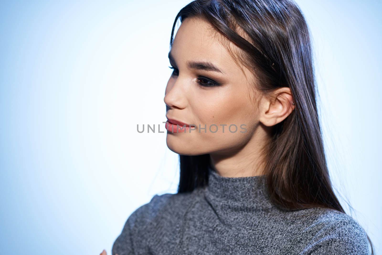 beautiful woman bright makeup gray jacket attractive look luxury model studio by SHOTPRIME