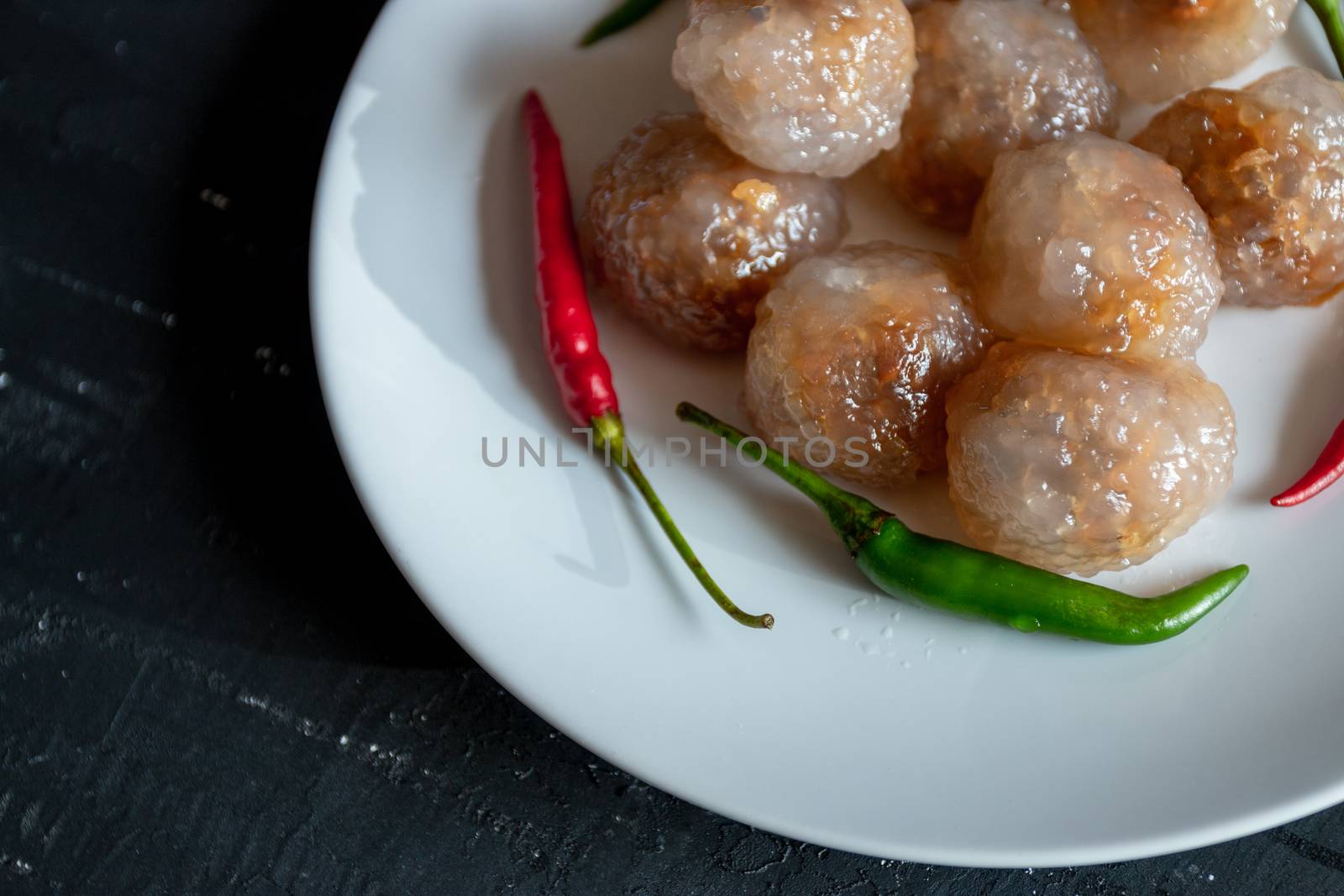 Pork Sago, Thai food with green and red chillies