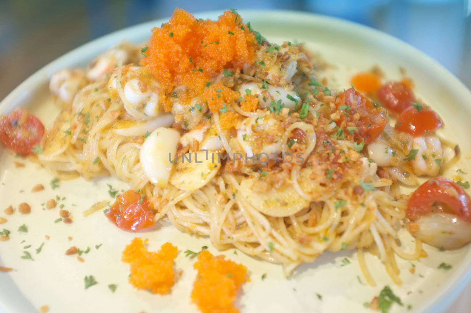 fusion food style , Cream sauce spaghetti egg shrimp