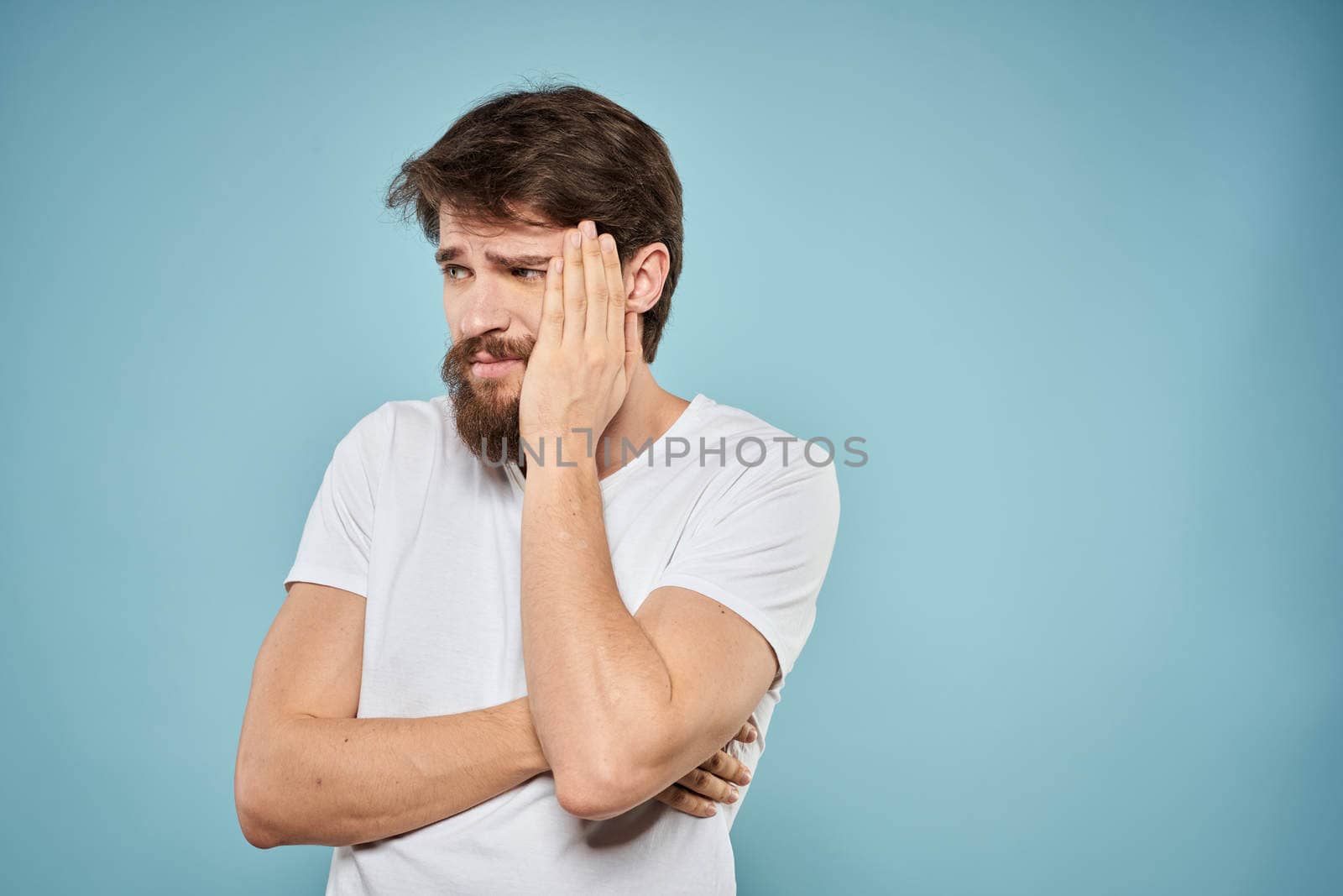 Bearded man emotions white t-shirt lifestyle gestures with hands blue backgrounds by SHOTPRIME