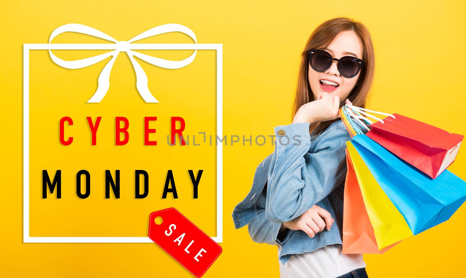 woman teen smiling standing with sunglasses excited holding shop by Sorapop