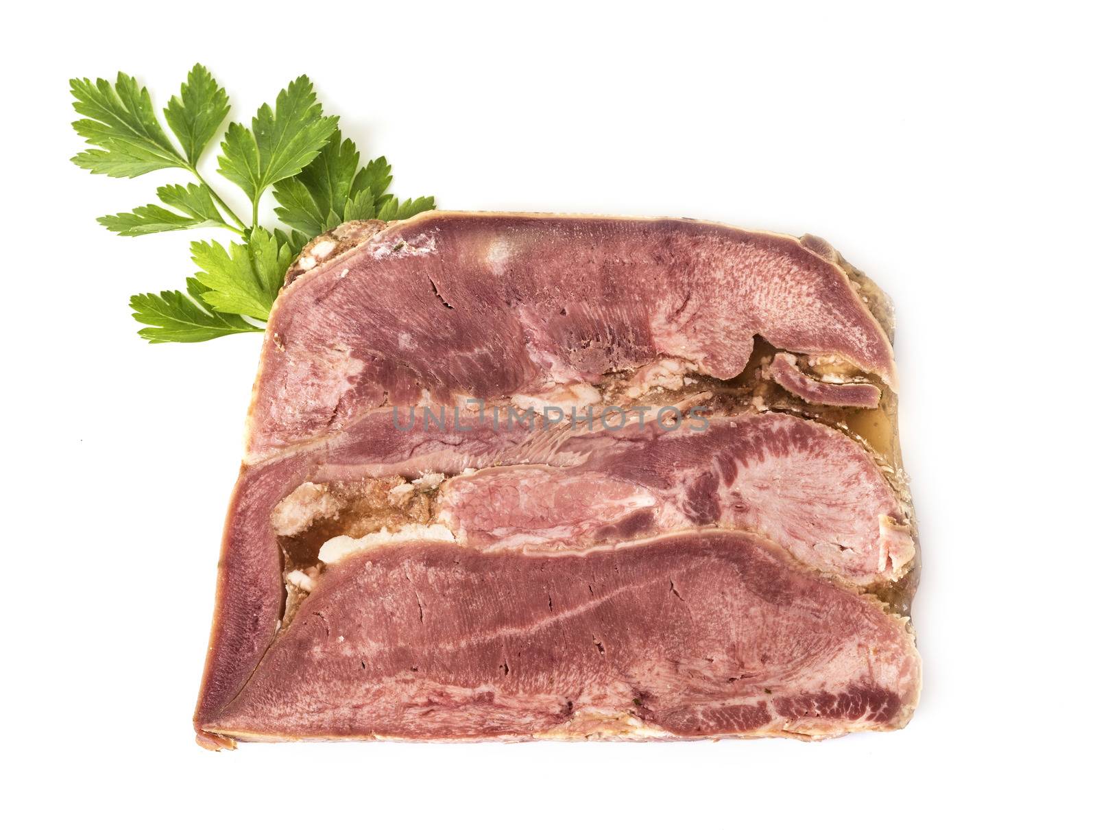 head cheese in front of white background 