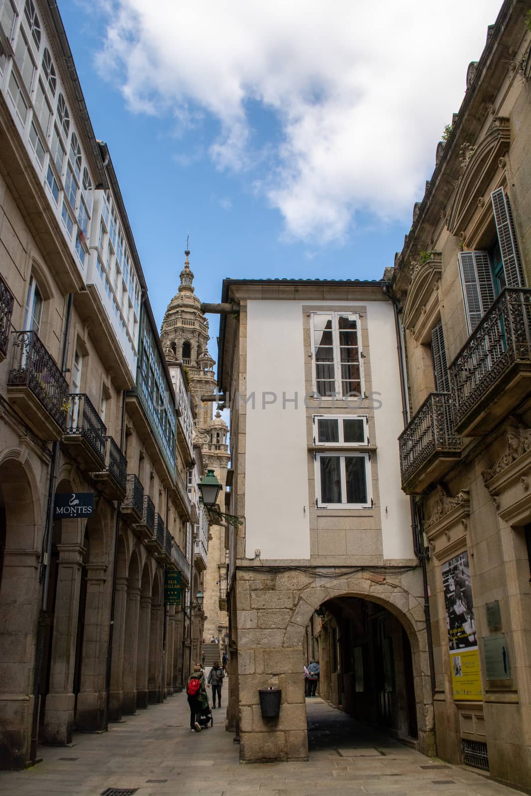 Santiago de Compostela, Spain, May 2018: View on the arcade streets of the old town of Santiago de Compostela in Spain