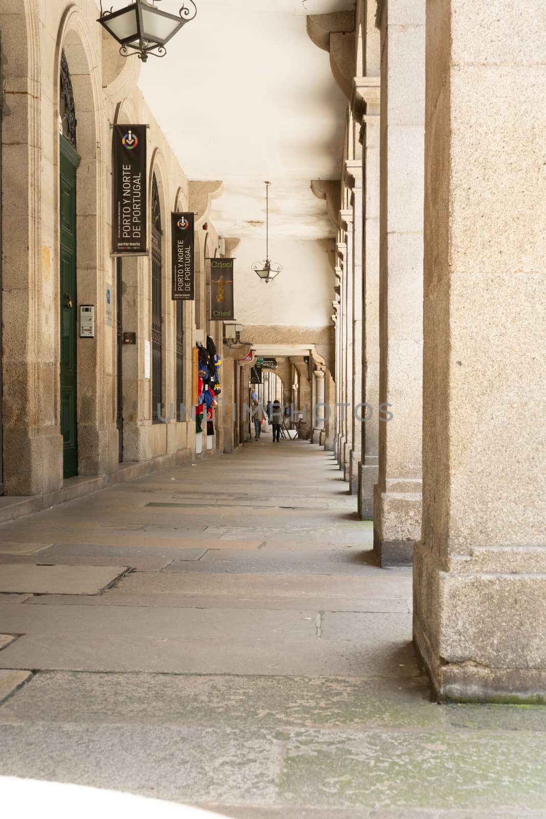 Santiago de Compostela, Spain, May 2018: View on the arcade streets of the old town of Santiago de Compostela in Spain