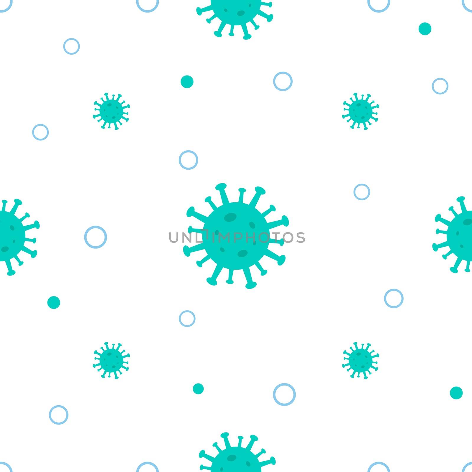 Corona virus seamless pattern. Blue green viruses of the bacteria coronavirus disease Covid-19 pandemic dangerous infectious vector texture isolated on white background. Flu and lung disease spreading