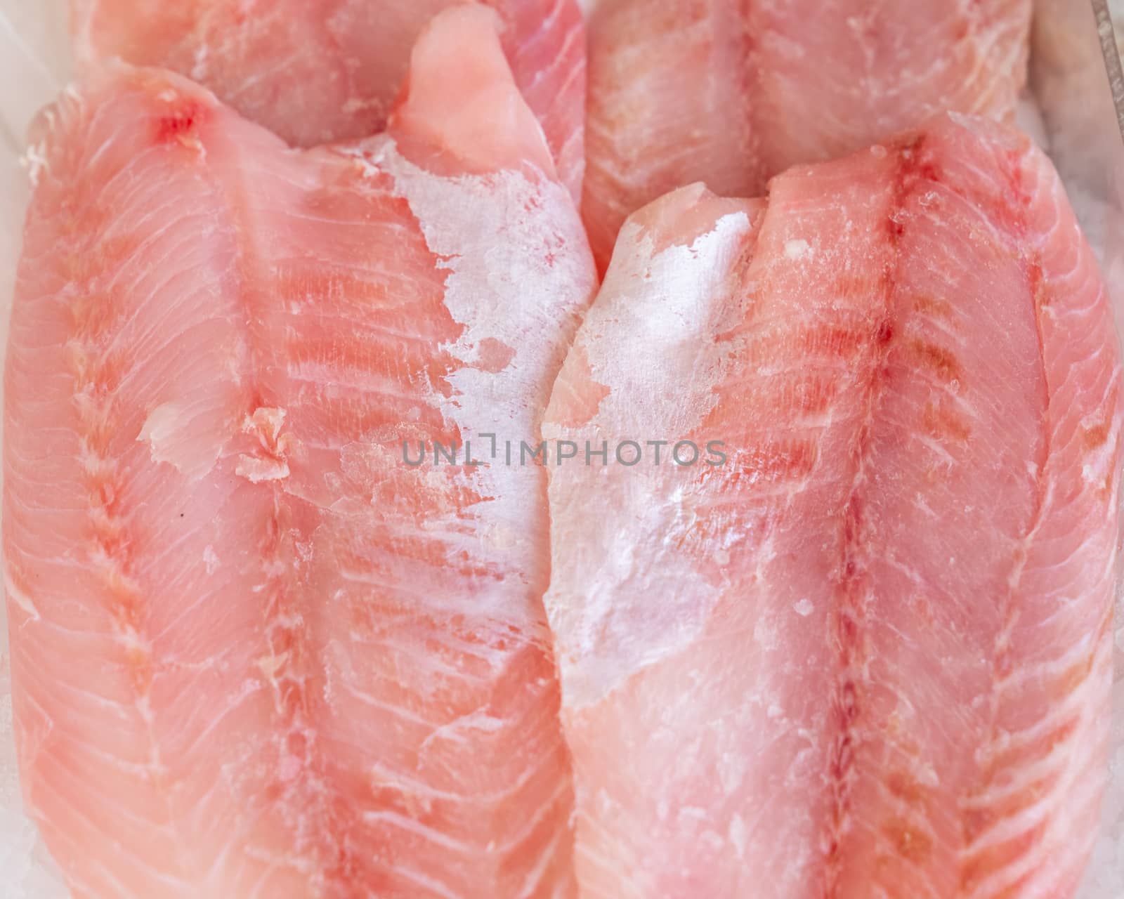 African perch fillet on ice close up by Robertobinetti70