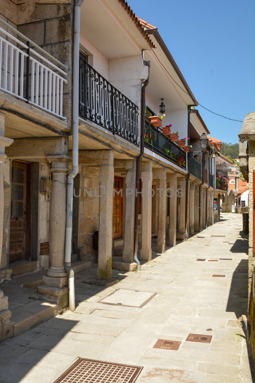 Combarro, Spain, May 2018: View on the narrow strees of coastal village Combarro in Galicia, Spain