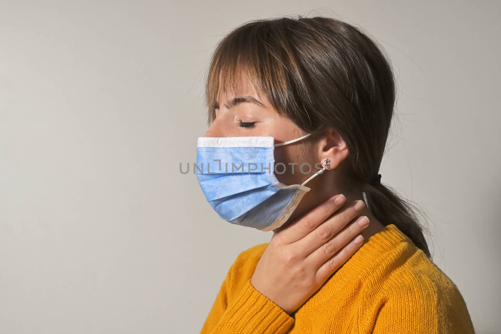 Woman Wearing Medical Mask and Throat Pain by mady70