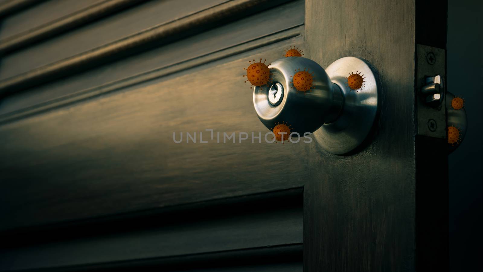 stainless door knob or handle on wooden door with virus or germ effect in beautiful lighting, concept of COVID-19 spread and prevention, shallow depth of field, dramatic tone effect