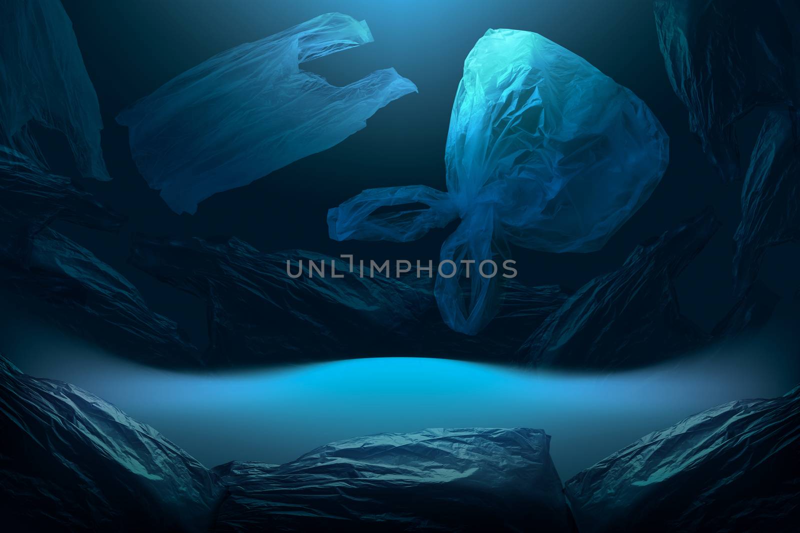 creative background of single-use plastic bags floating in deep blue sea or ocean, plastic is dangerous for marine life, concept of environmental pollution