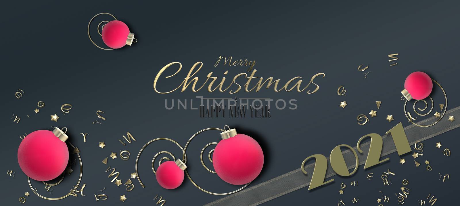 Christmas Holiday 2021 background. Xmas pink red realistic balls baubles, golden confetti, gold digit 2021, text Merry Christmas Happy New Year on black background. 3D illustration. Flat lay 3D design