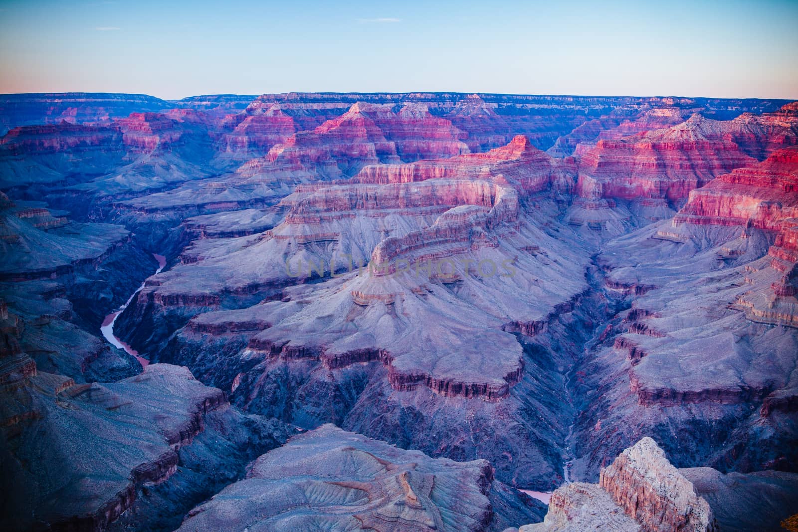Sunset views in winter at the South Rim in Grand Canyon, Arizona, USA