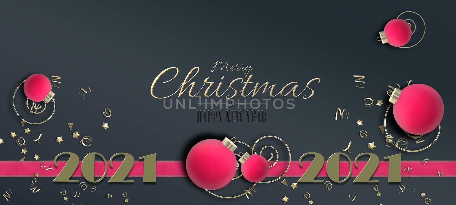 Holiday New Year 2021 Christmas banner. Digit 2021, Red pink realistic Xmas balls baubles, pink ribbons, golden text Merry Christmas Happy new Year. Horizontal festive 3D illustration