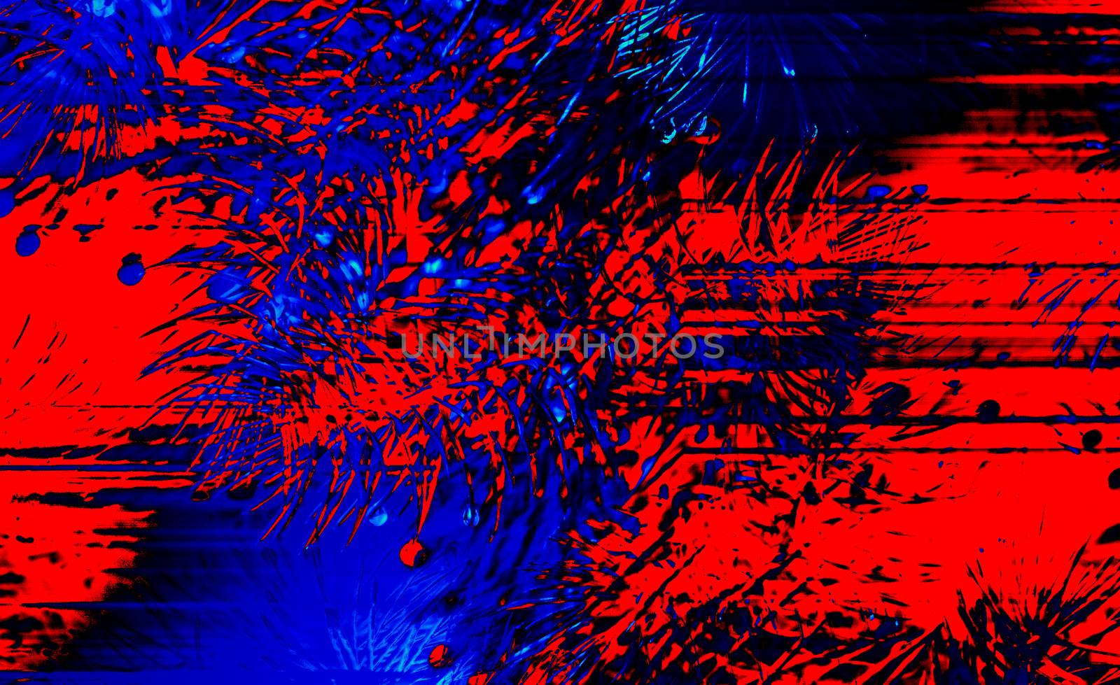 Coniferous spruce twigs festively shimmer in red and blue. Surreal wall painting in a modern style, 3D illustration. Art background for your wallpapers, projects and works for the Christmas holidays and the new 2021 year of the white bull.