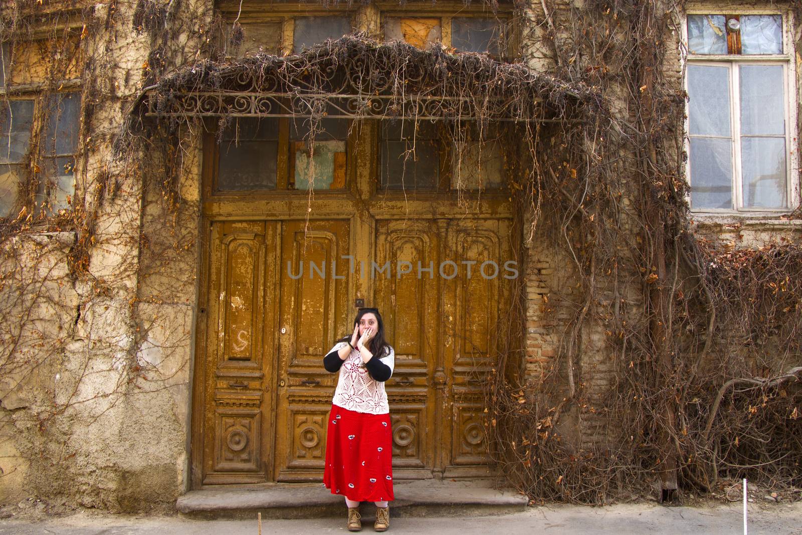 Young woman portrait, beautiful girl on the building and architecture door background. Tourist scene. by Taidundua