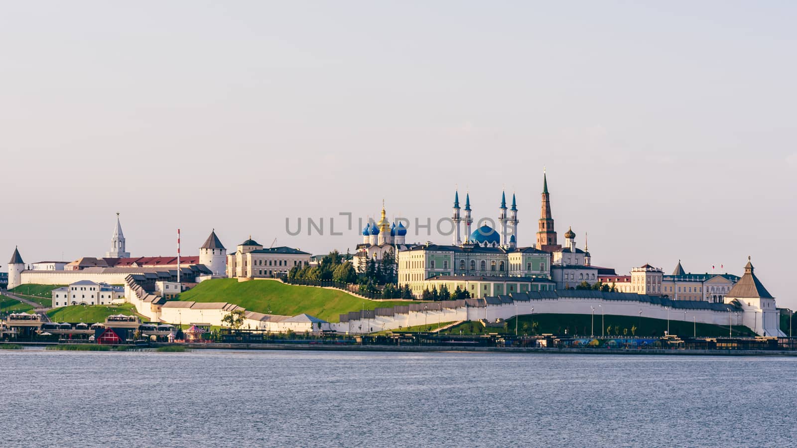 View of the Kazan Kremlin with Presidential Palace, Annunciation Cathedral, Soyembika Tower and Qolsharif Mosque from Kazanka River.