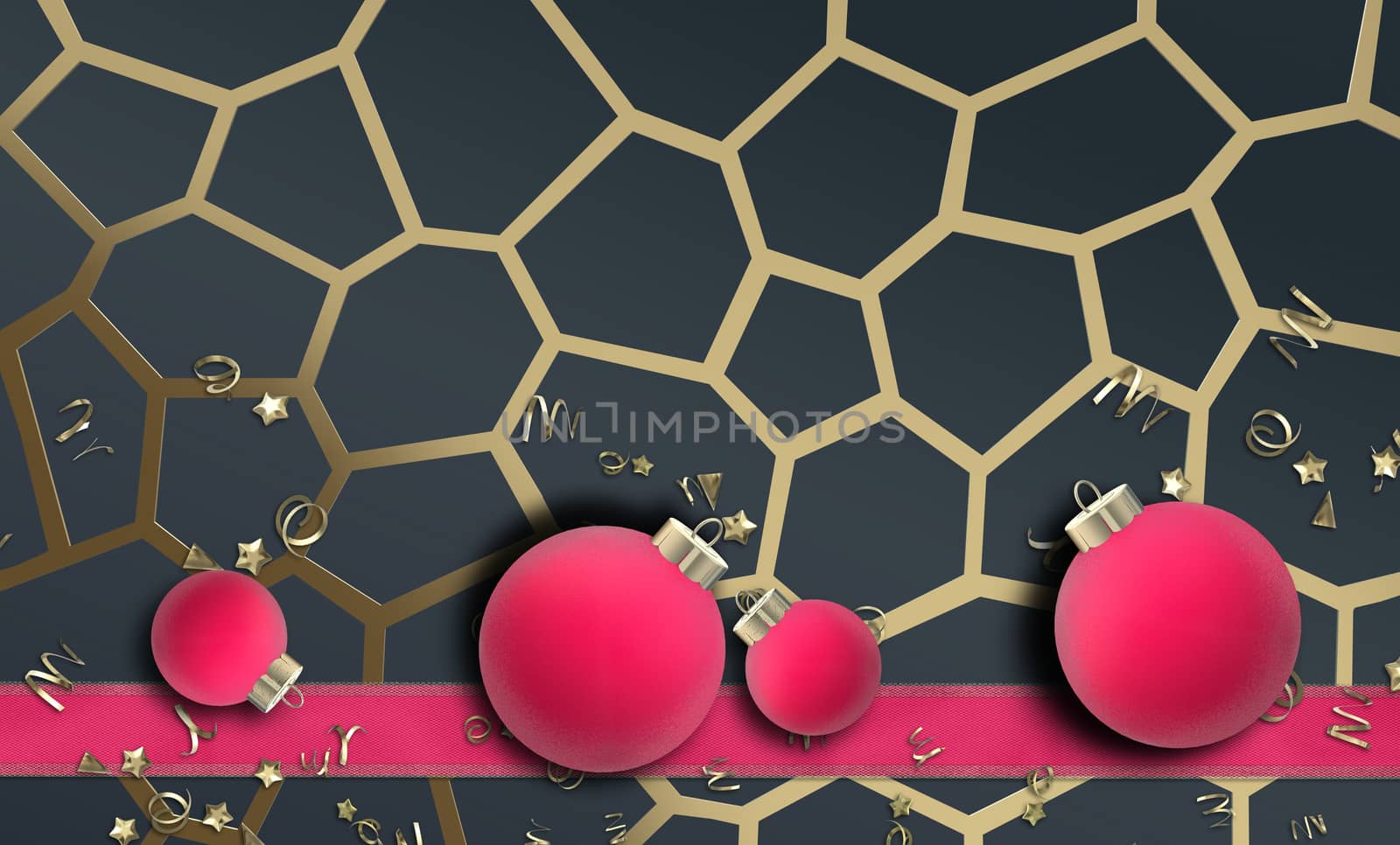 Holiday Christmas New Year design in gold pink black. Pink ribbon, pink Xmas balls baubles, on black background with 3D golden ornament. realistic 3D illustration