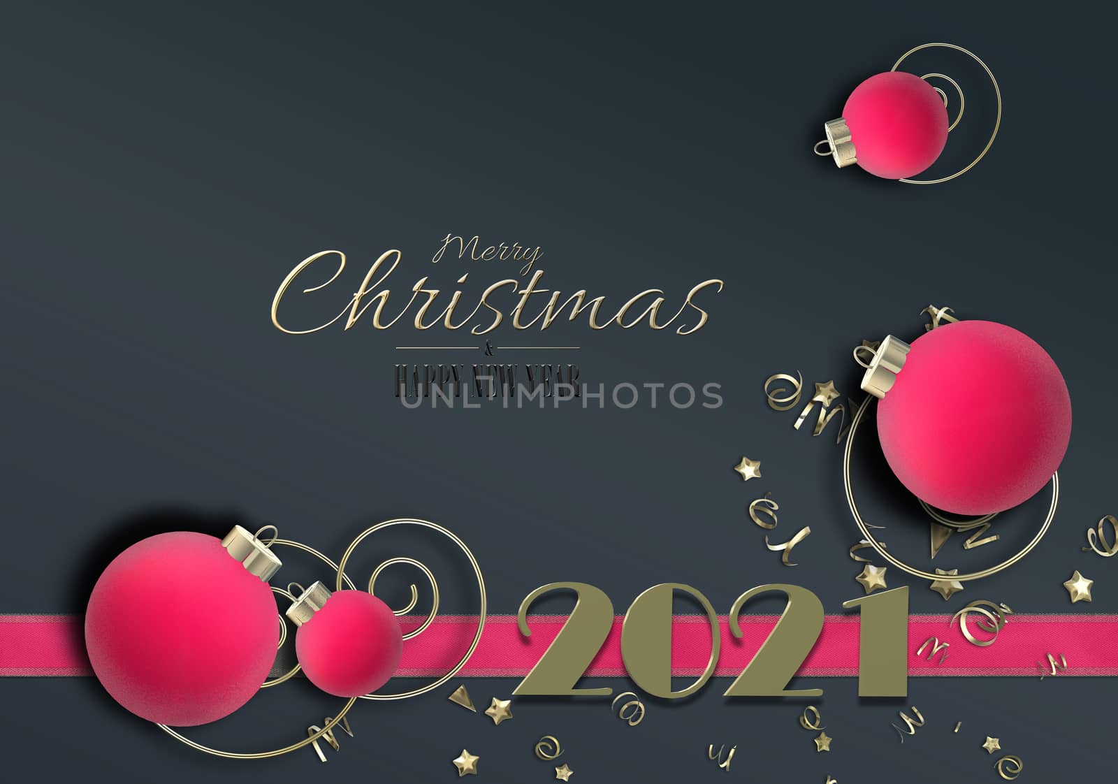 Christmas New Year card. Pink red baubles, gold digit 2021, confetti, text Merry Christmas Happy New Year on black background, 3D illustration