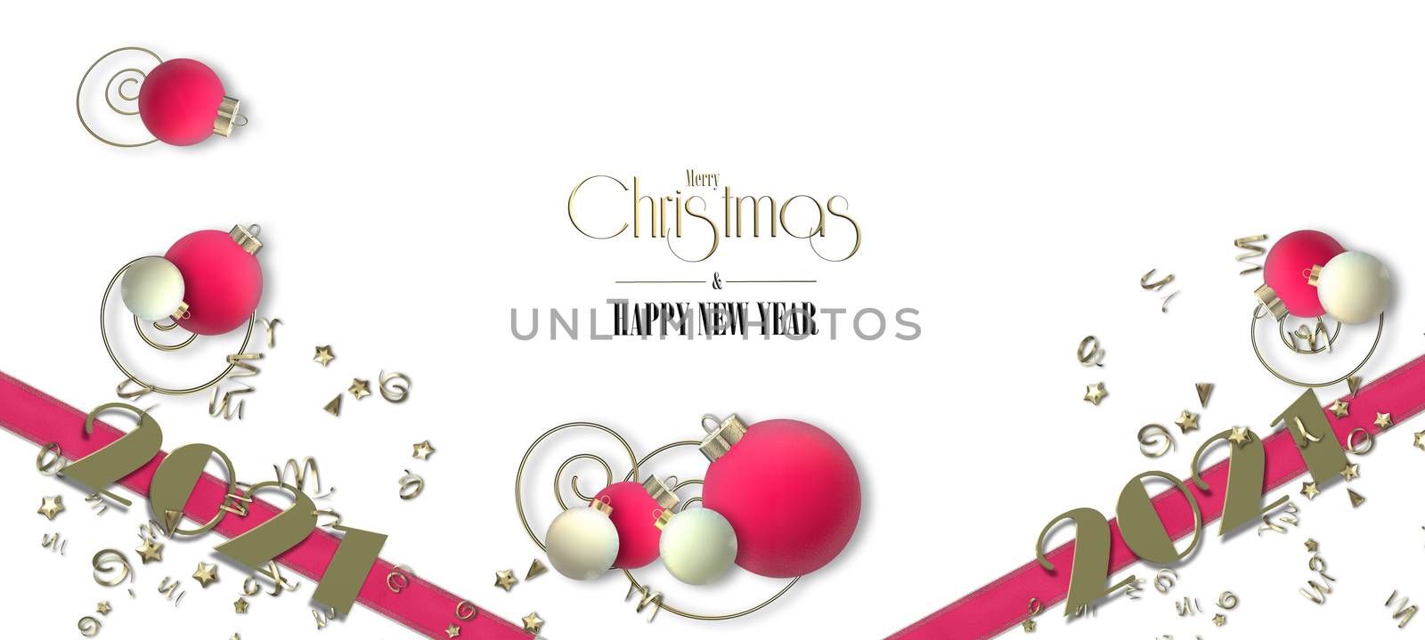 Holiday new year 2021 background. Pink balls baubles, gold digit 2021, pink ribbons on white background. Abstract reaslistic festive horizontal design. 3D render