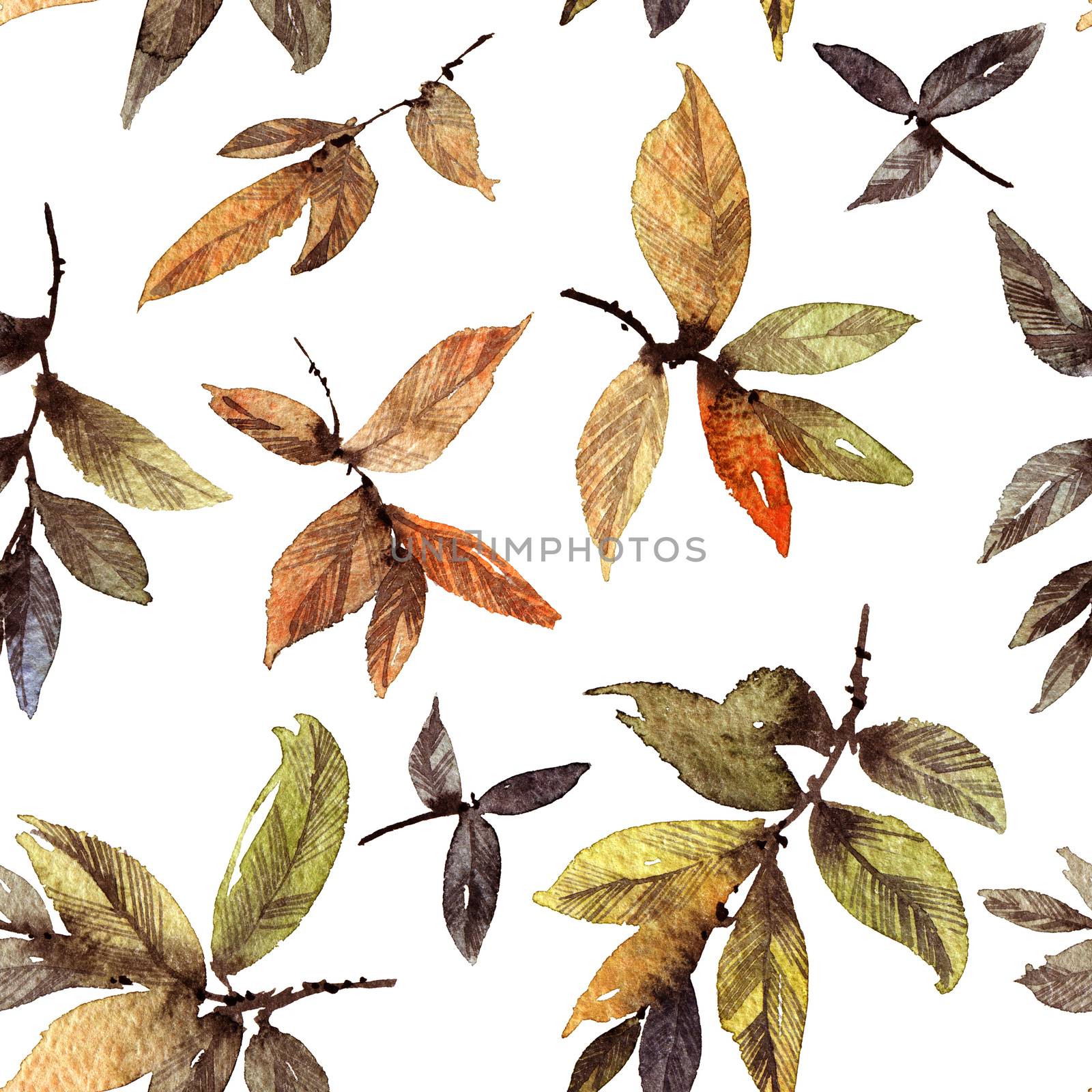 Watercolor and ink illustration of tree leaves in style sumi-e, u-sin. Oriental traditional painting. Seamless pattern.