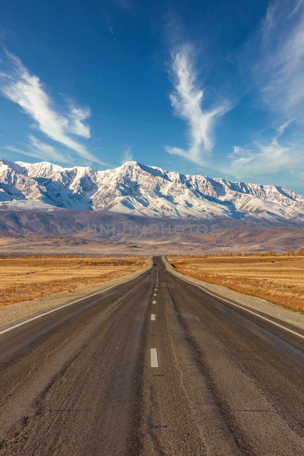 Portrait size shot of a straight empty highway leading to the snowy peaks of The Kuray mountain range. Beautiful blue cloudy sky as a background. Altai mountains, Siberia, Russia by DamantisZ