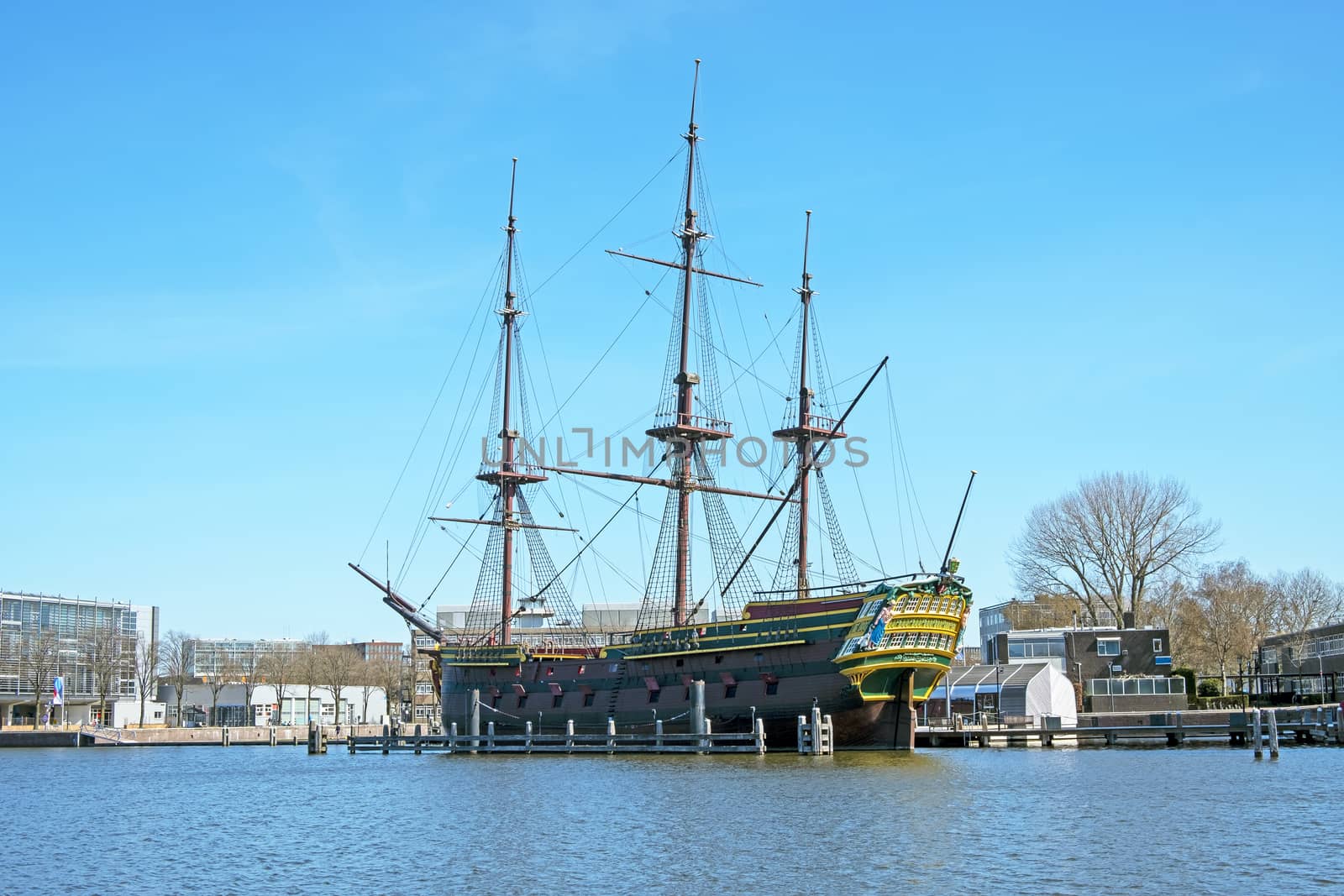 Replica 17th century sailing ship in Amsterdam harbor in the Netherlands