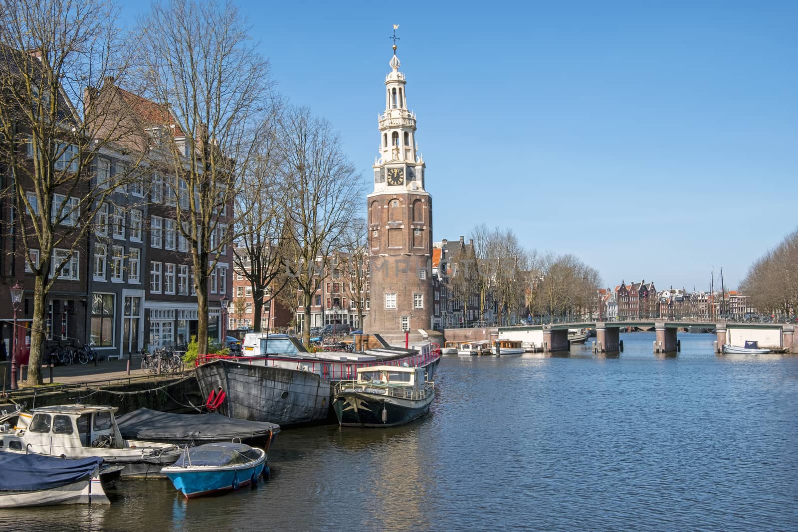 City scenic from Amsterdam in the Netherlands with the Montelbaan tower