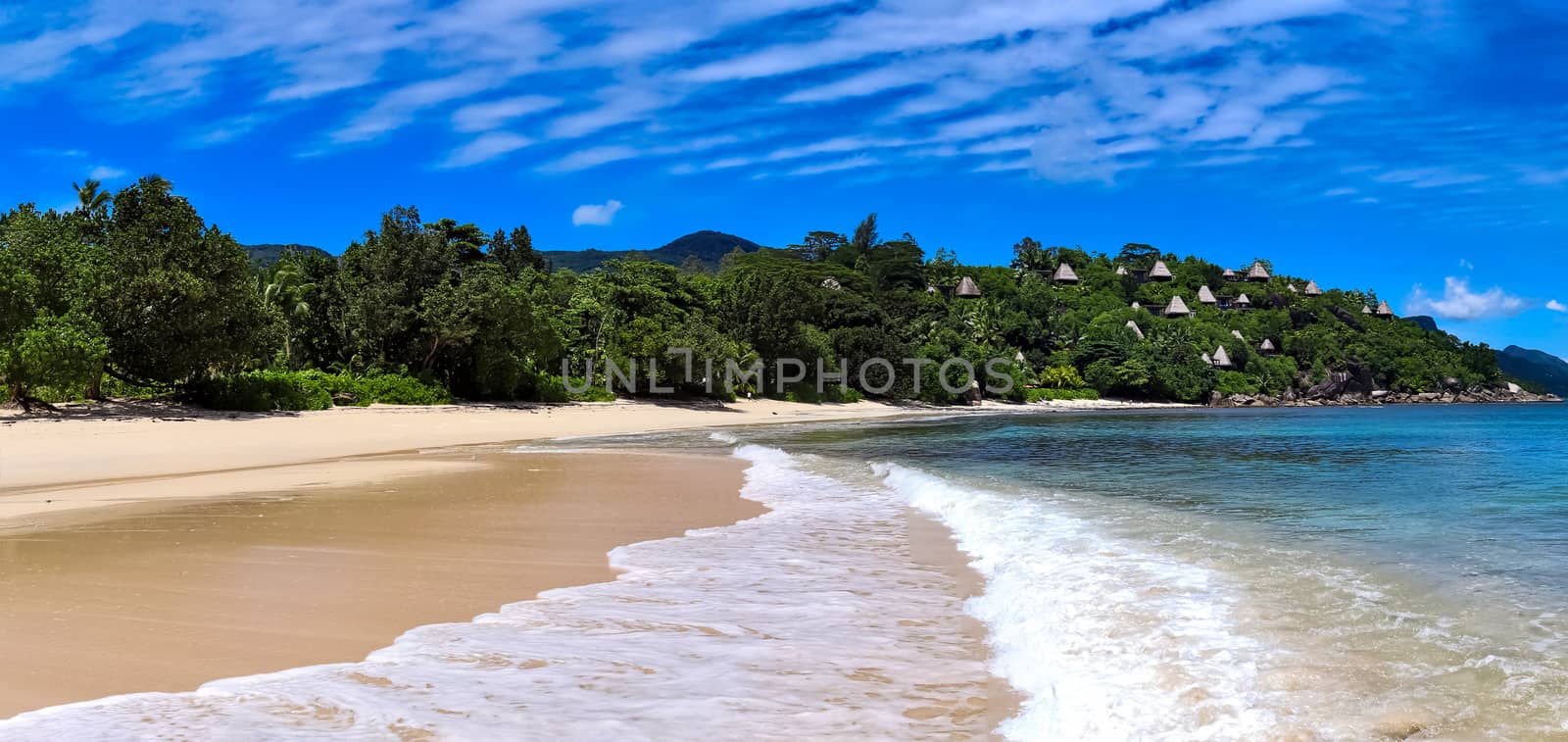 Stunning high resolution beach panorama taken on the paradise islands Seychelles.