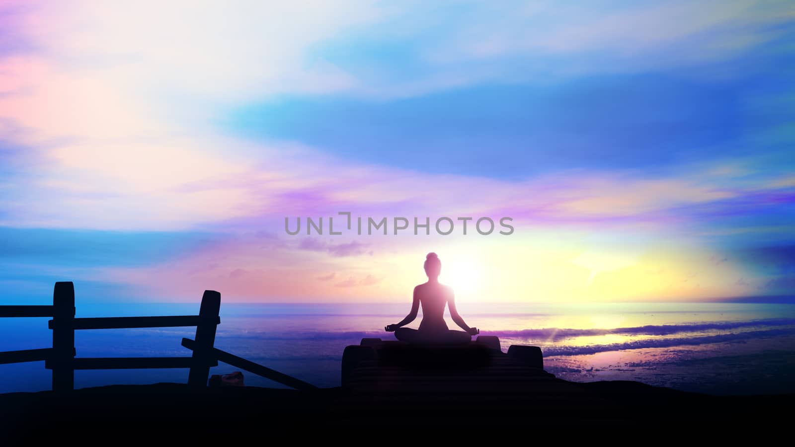Silhouette of a woman meditating at dawn. by ConceptCafe