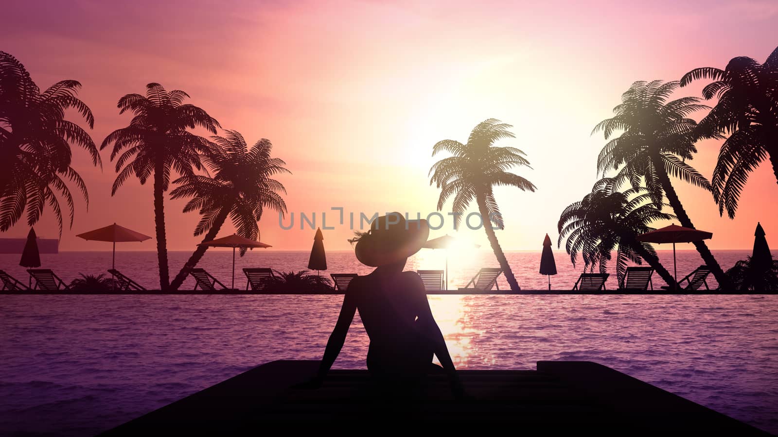 At a tropical resort a lonely girl sits on a pier admiring the sunset.