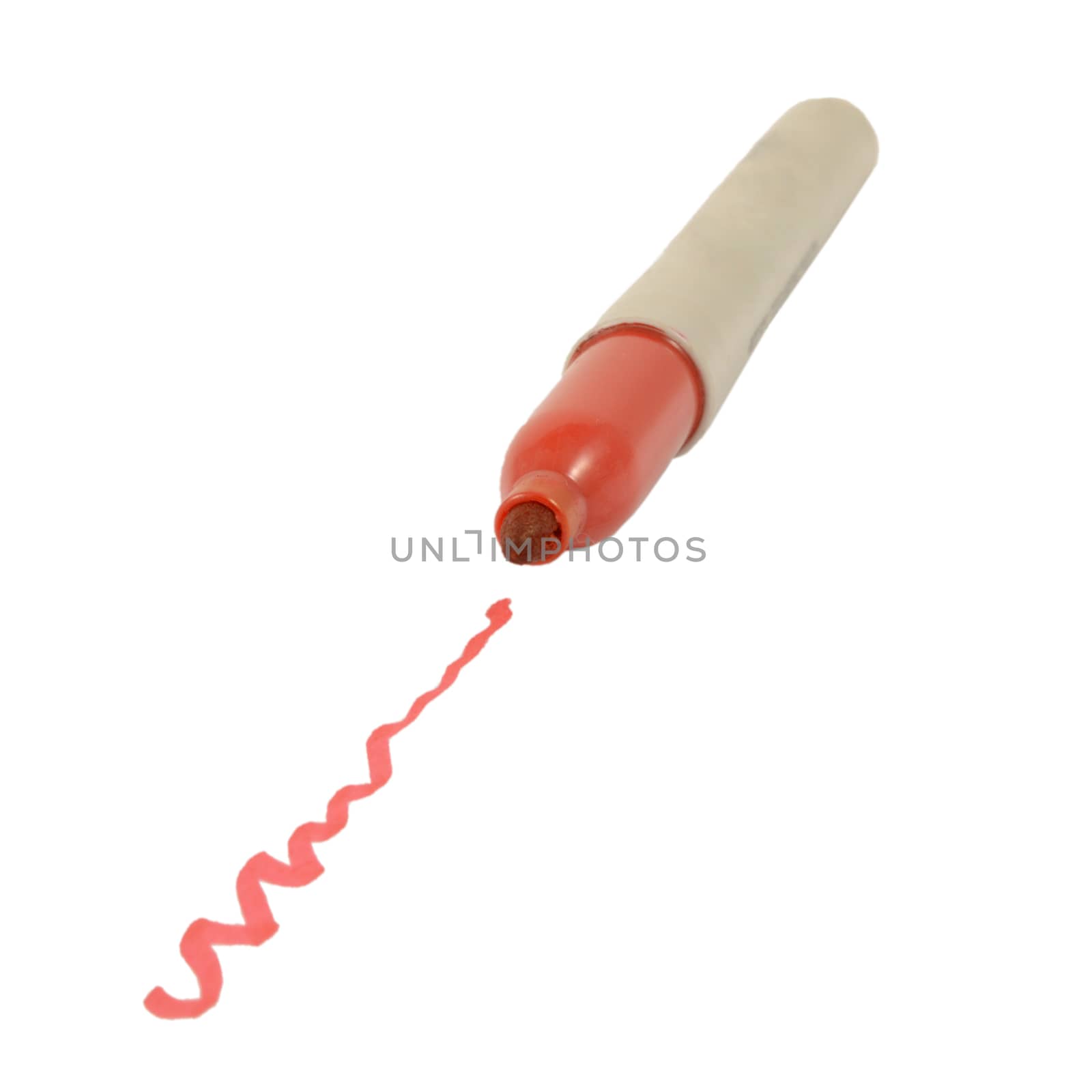 An isolated over white background image of a felt tip red permanent marker with a sqiggly line leading to the point.