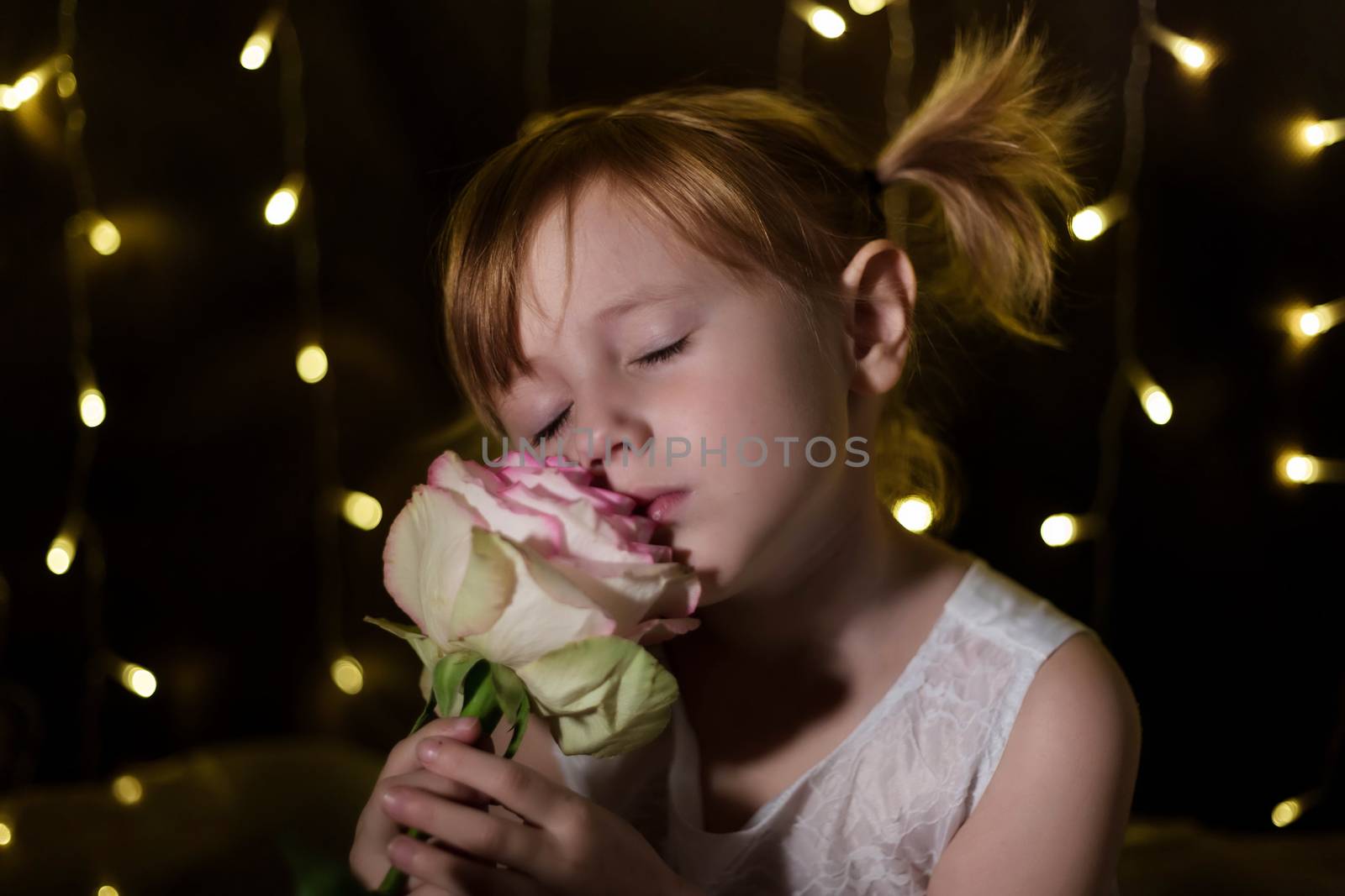 Adorable little girl with pink rose flower is posing in christmas lights on dark background