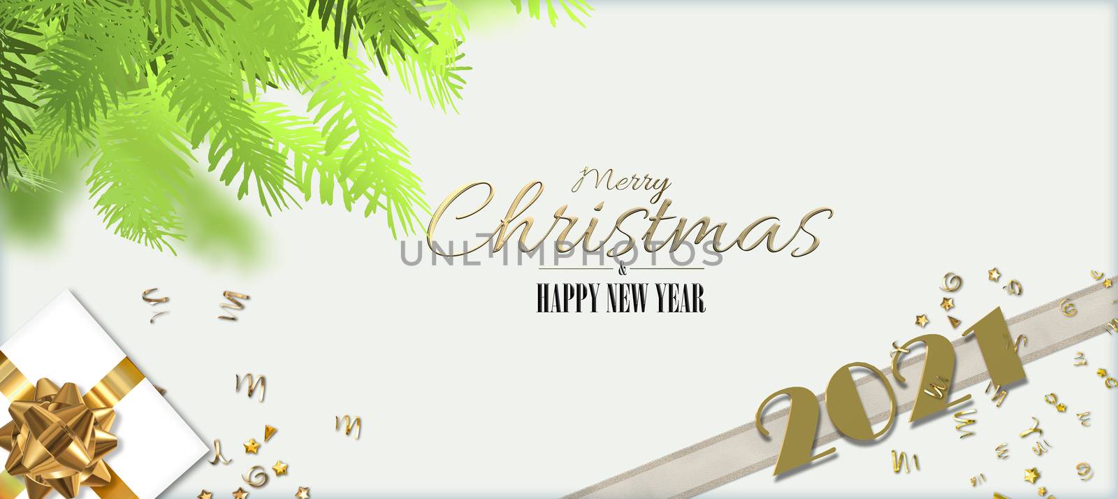 Christmas new year design. Abstract realistic Xmas gift box with bow, gold digit 2021, Xmas fir, text Merry Christmas Happy New Year on white background. Horizontal 3D illustration