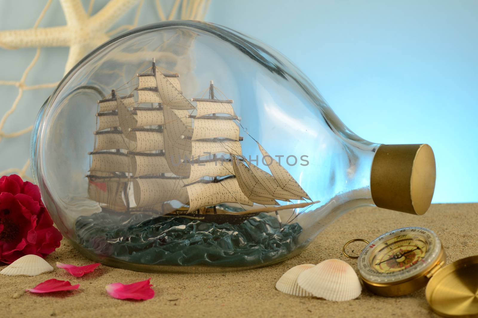 A nautical scene with a ship in a bottle.