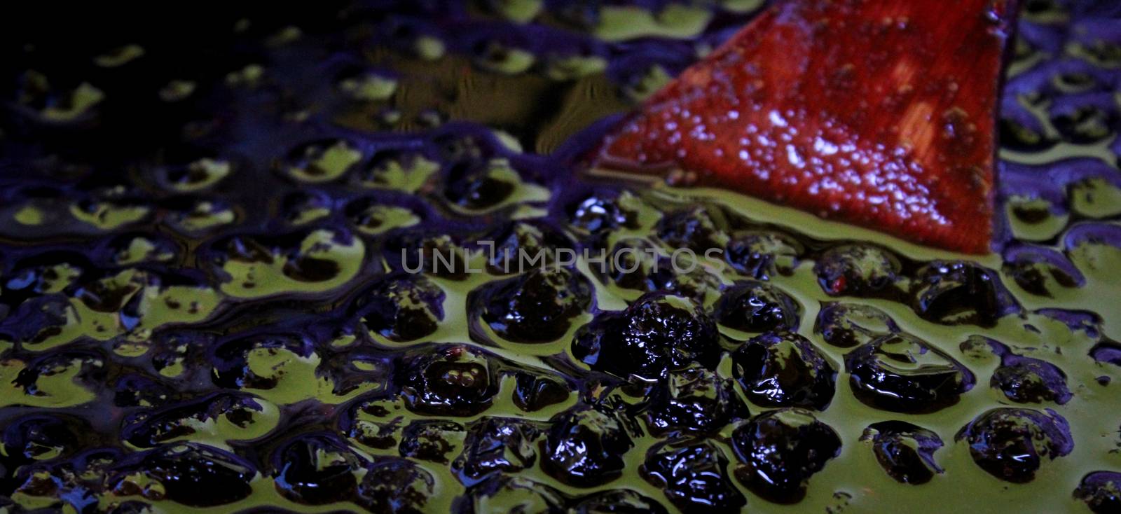 Banner. Chokeberry berries on the surface in chokeberry jam with a wooden cooking spoon. Zavidovici, Bosnia and Herzegovina.