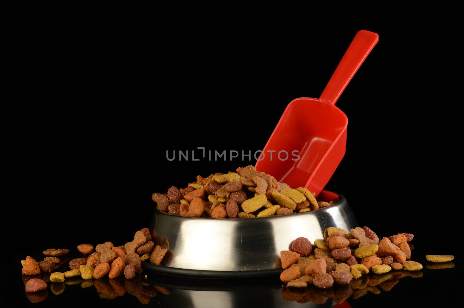 A red scoop filling a chrome dog dish full of food for the beloved pet.