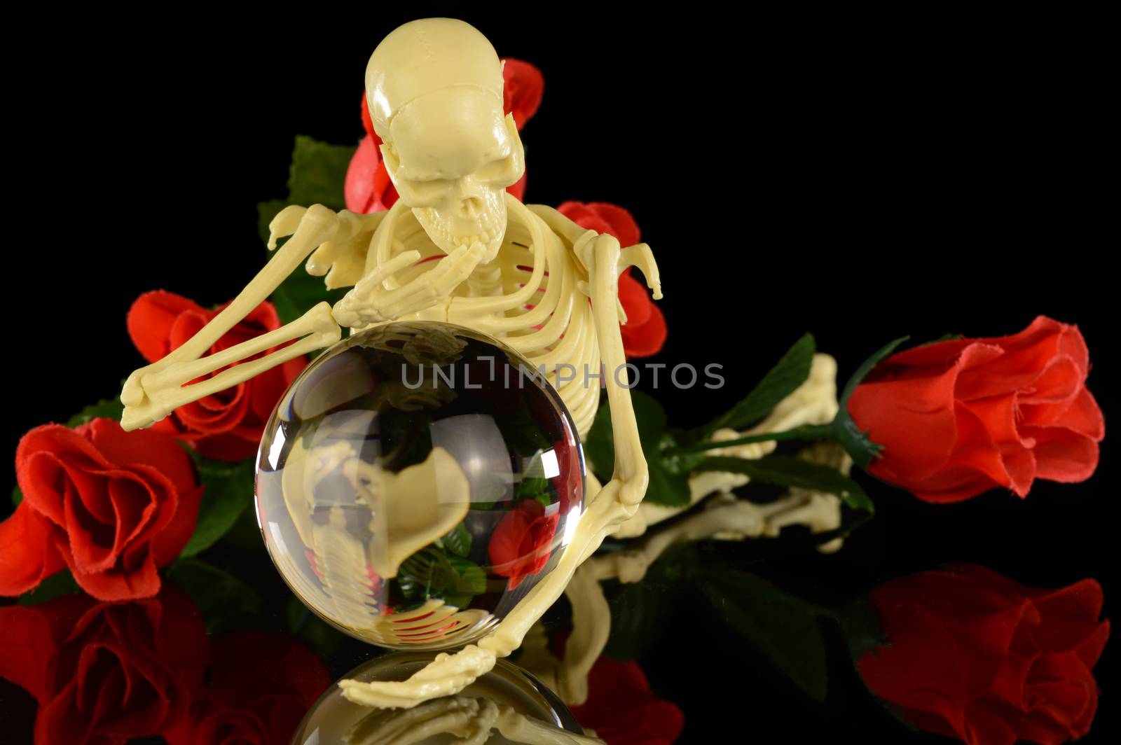 A human skeleton looks into the crystal ball surrounded by roses.