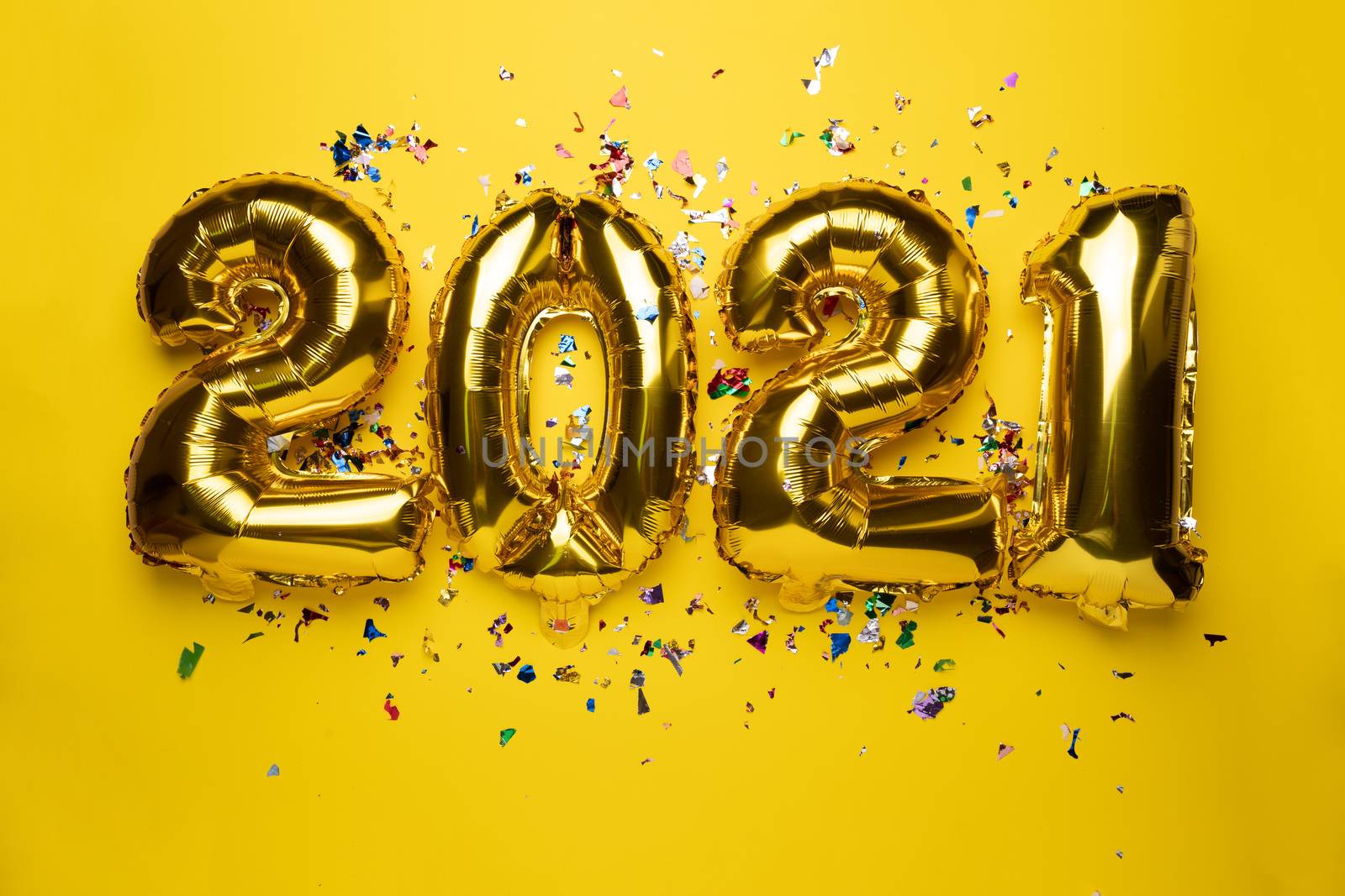 2021 numbers new year concept, golden balloons and confetti on y by adamr