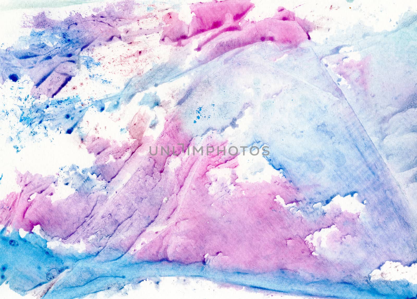 Abstract background of watercolor on paper texture, hand painted in blue and purple
