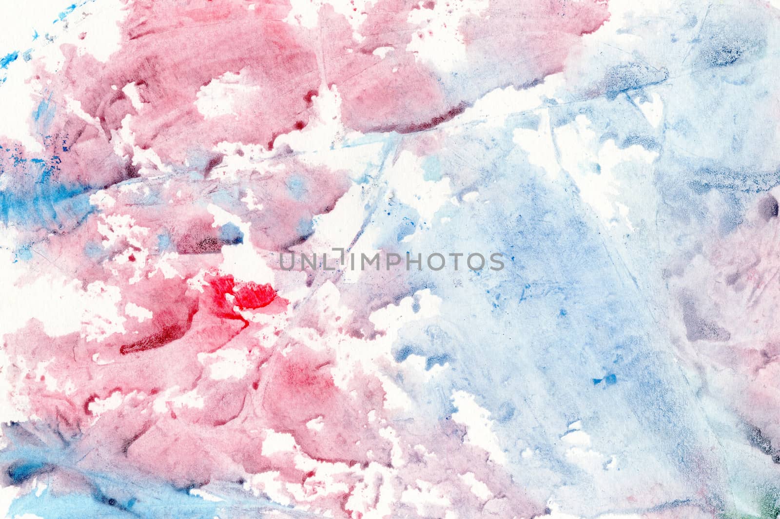 Abstract background of watercolor on paper texture, hand painted in blue and red