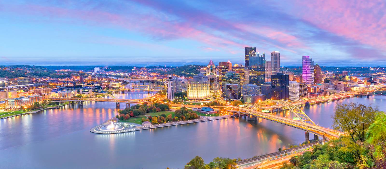 Downtown skyline of Pittsburgh, Pennsylvania at sunset in USA