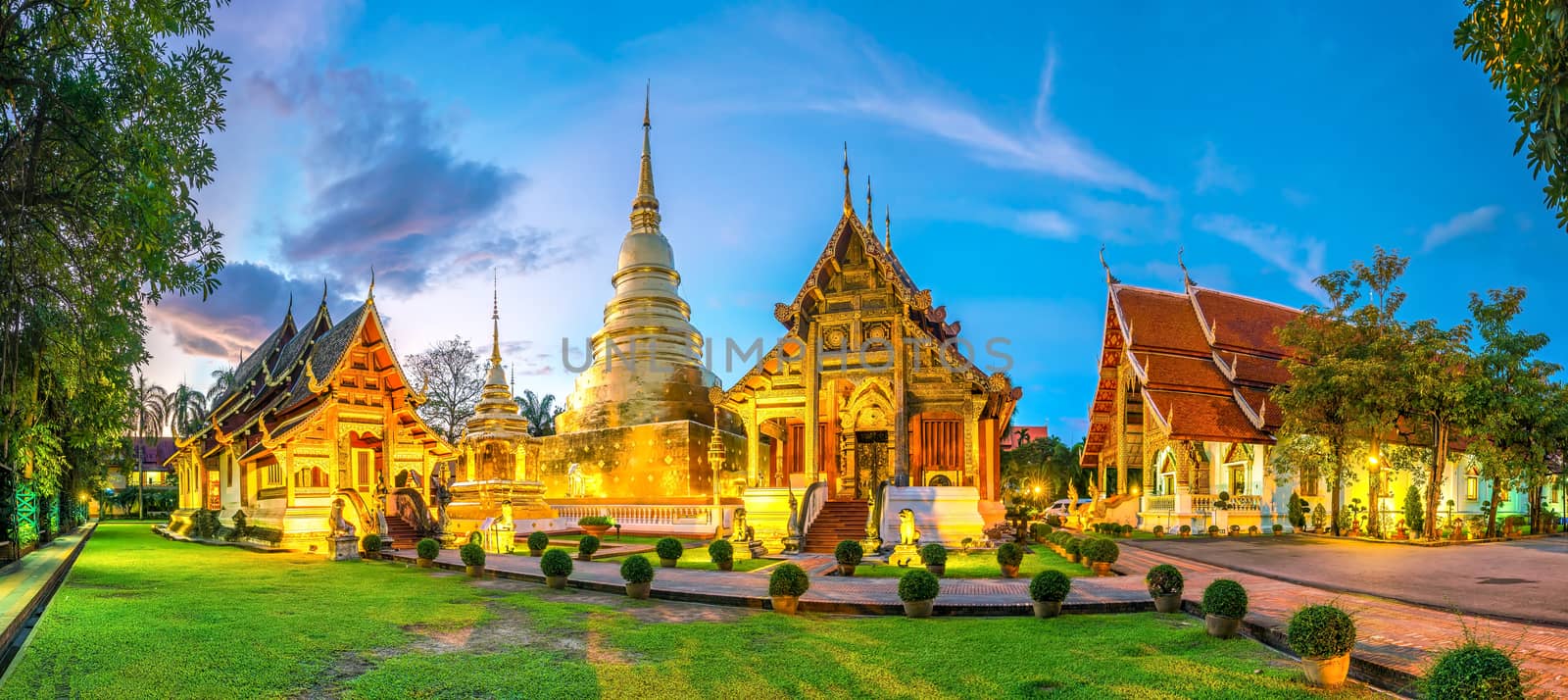 Panorama view of Wat Phra Singh temple in the old town center of Chiang Mai,Thailand