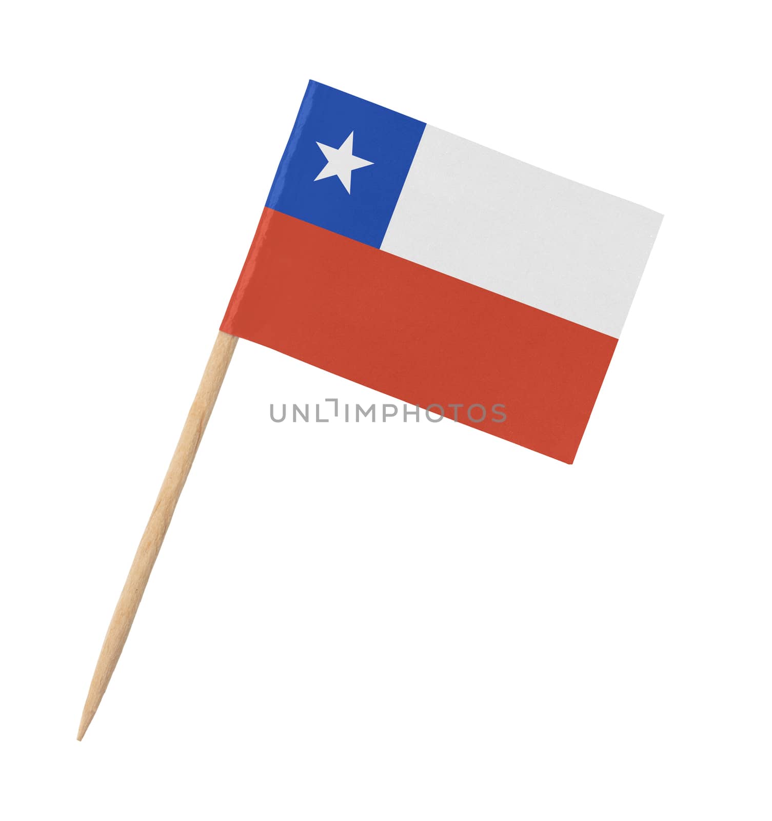 Small paper Chilean flag on wooden stick, isolated on white